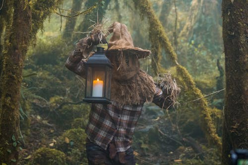 Person in Scarecrow Costume Standing in Eerie Forest with Lantern