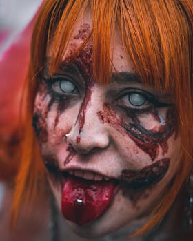 Close-up portrait of a woman with zombie makeup and red hair, perfect for Halloween themes.