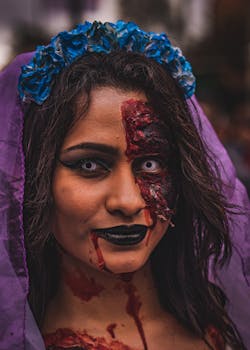 Close-up of woman with horror makeup and flower crown, perfect for Halloween.