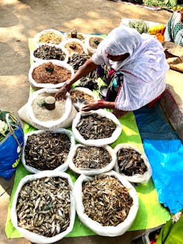A vibrant overhead view of various dried fish and grains at a market stall, showcasing cultural diversity.