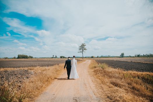 A bride and groom walking hand in hand on a dirt road amidst a serene rural setting under a blue sky.