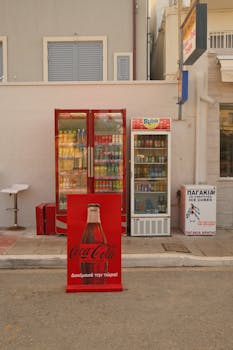 Street vending machines display a variety of drinks, with a Coca-Cola sign at the forefront.