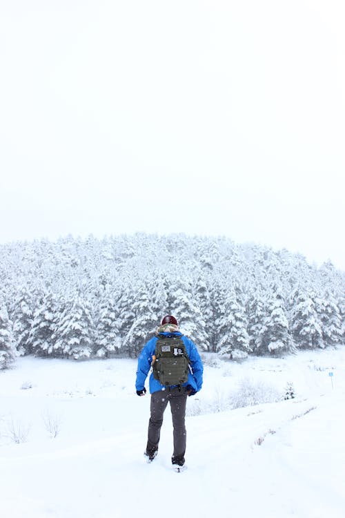 A Man with Backpack Standing on the Snow