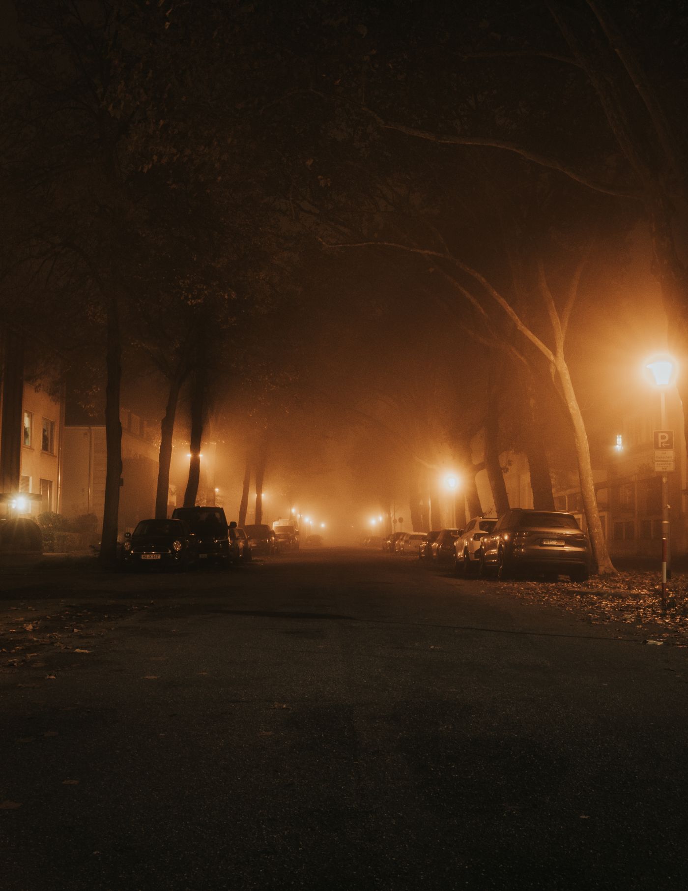 A dark residential street lined with parked cars at night