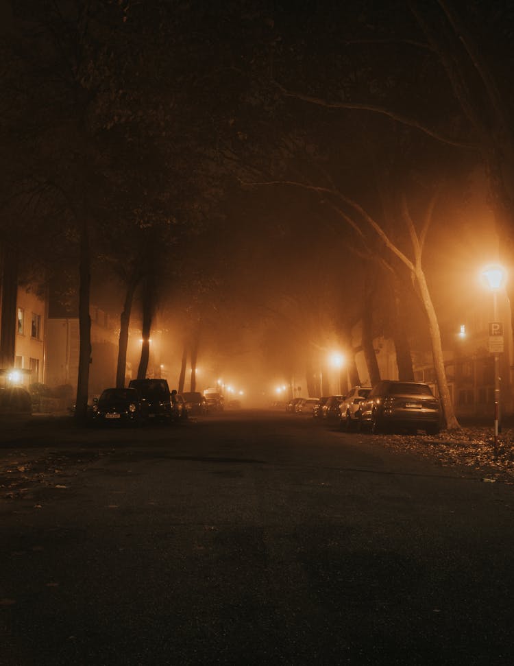 Cars Parked On The Street At Night