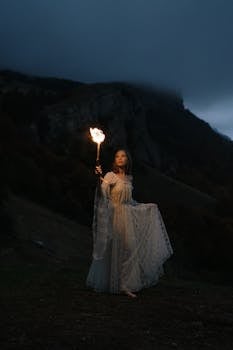 A woman in a white gown holds a lantern, illuminating a dark mountainous landscape.