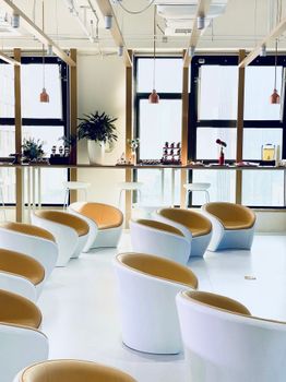 Contemporary conference hall featuring stylish white armchairs and large windows for natural light.