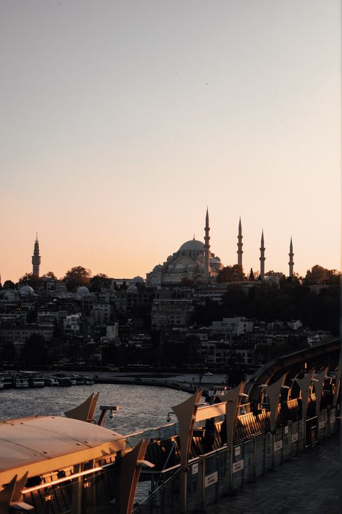 Free Stunning view of Istanbul's skyline featuring a prominent mosque silhouette at sunset. Stock Photo