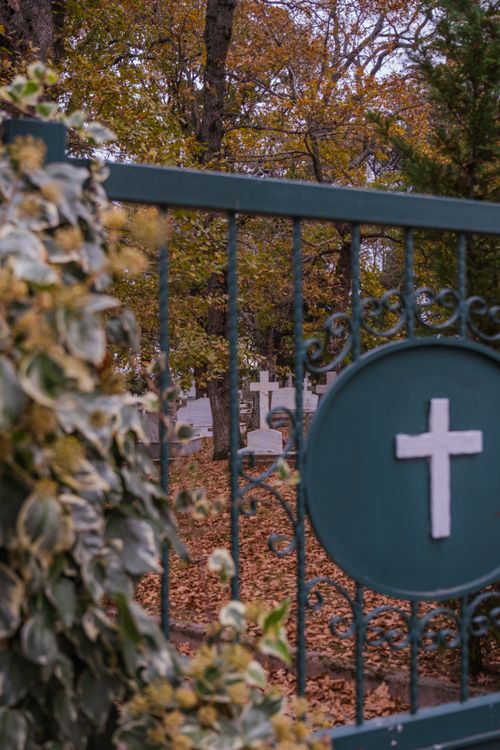 Free Tranquil autumn scene in a cemetery featuring iron gate and fall foliage. Stock Photo