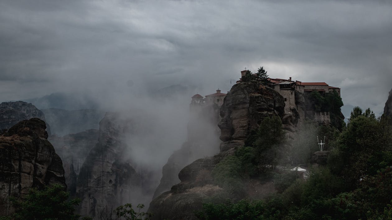 Free Meteora Monasteries in Fog Stock Photo