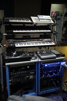 A modern and sophisticated studio with synthesizers and audio equipment for music production.