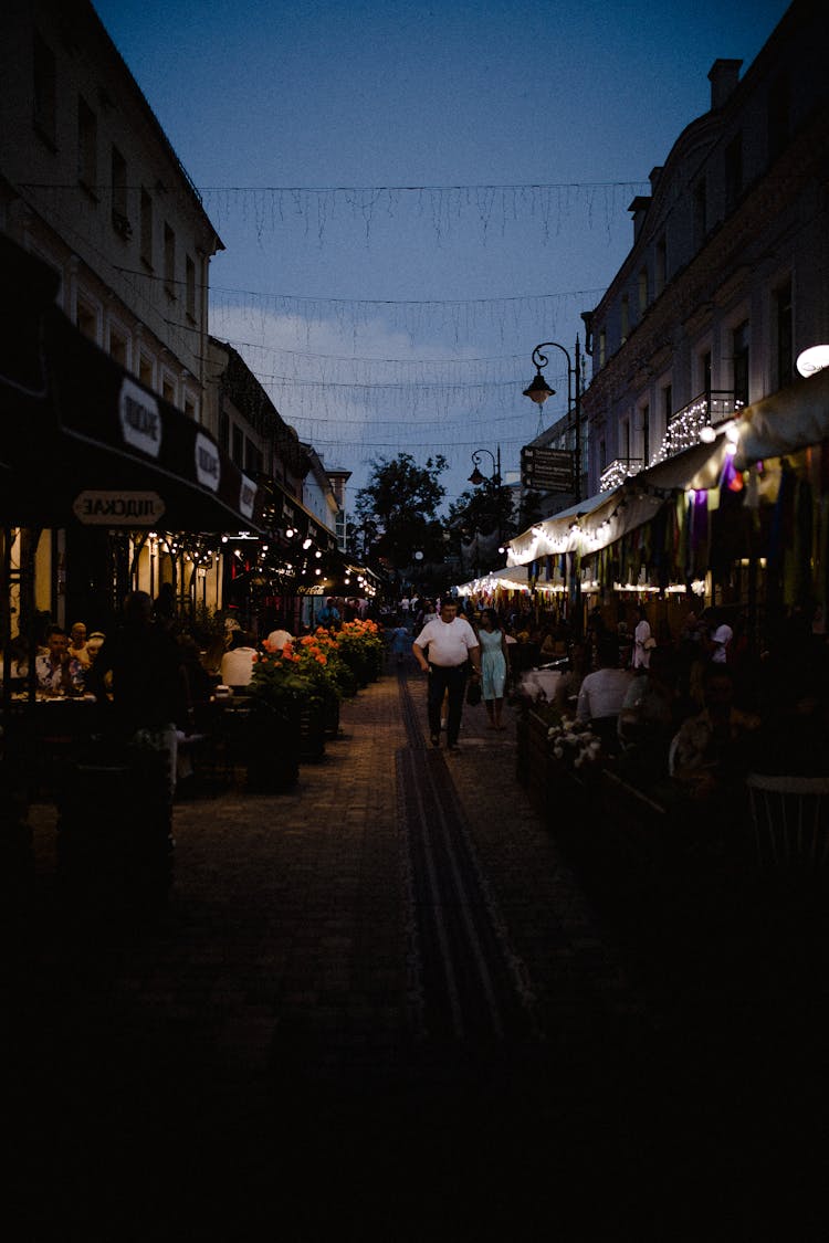 Old Town Alley With Restaurants At Dawn 