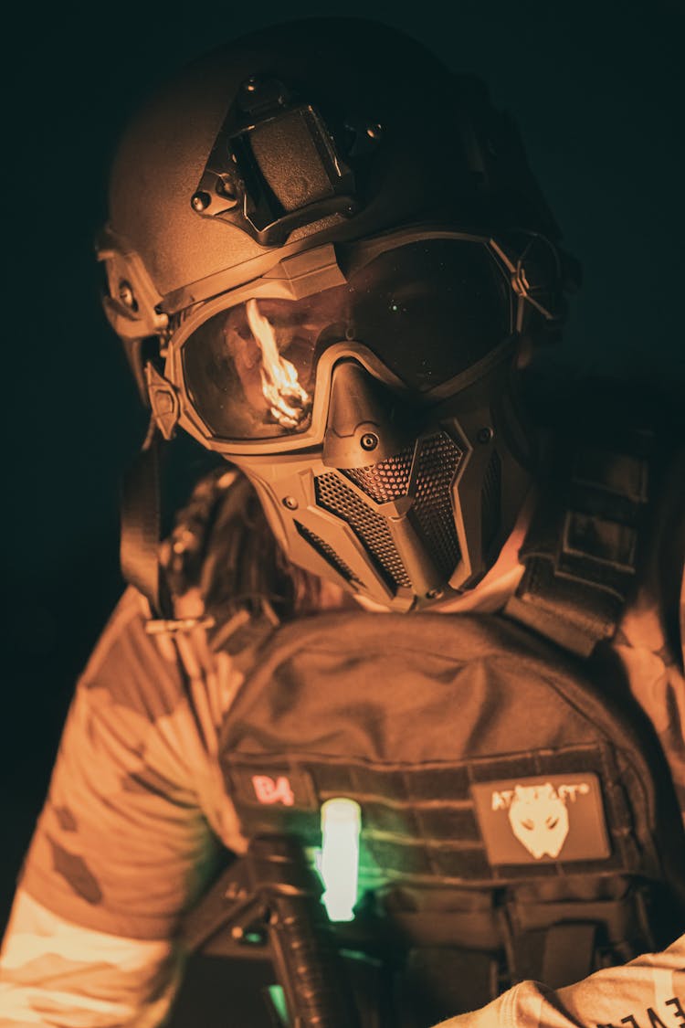 Soldier In Helmet, Mask And With Goggles