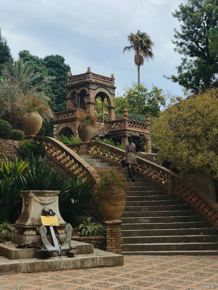 Italian Staircase In The Public Gardens Of Taormina In Sicily, Italy