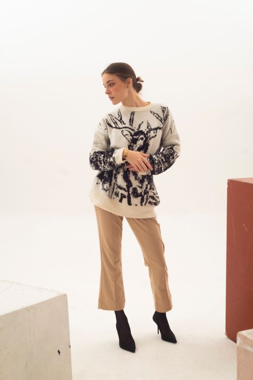 Free Elegant woman in trendy sweater poses indoors against minimalist backdrop. Stock Photo