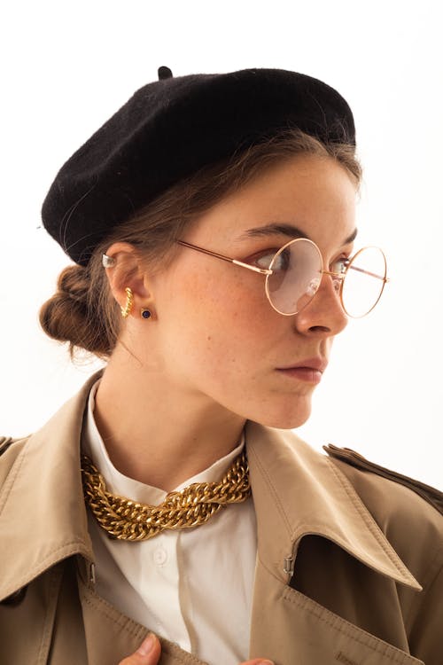 Elegant Woman Wearing Beret and Eyeglasses 