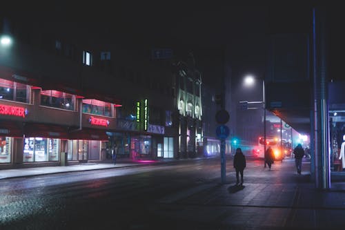 View of a Street in a City at Night 