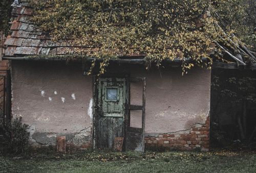 Free A derelict house with broken door and overgrown foliage creates a moody rustic scene. Stock Photo
