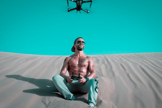 A shirtless man with sunglasses operates a drone in the sandy desert of Dubai on a sunny day.