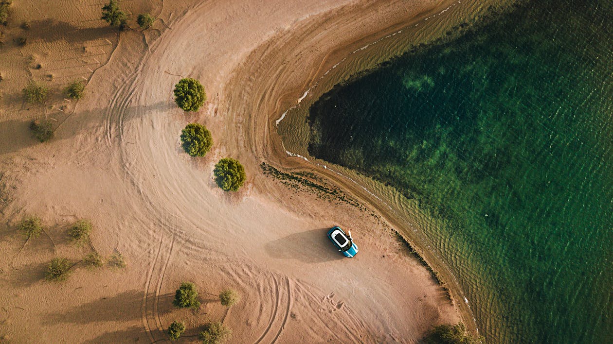 Aerial Photography of Vehicle Parked on Beach Near Bushes