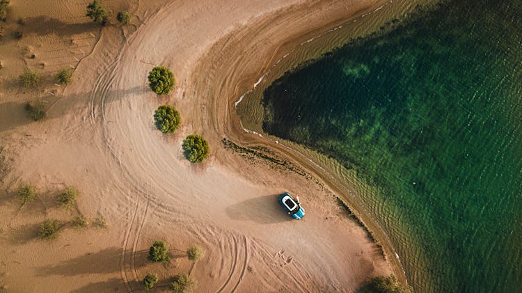 Aerial Photography Of Vehicle Parked On Beach Near Bushes