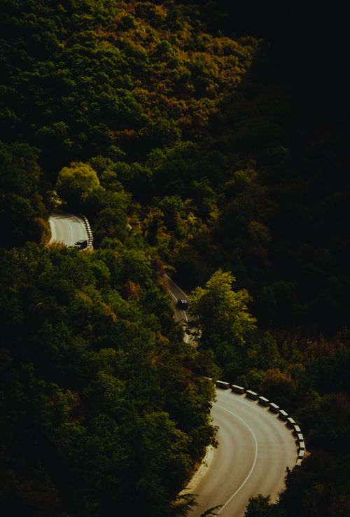 Free A picturesque winding road through lush forested hills in Greece, ideal for travel and nature enthusiasts. Stock Photo