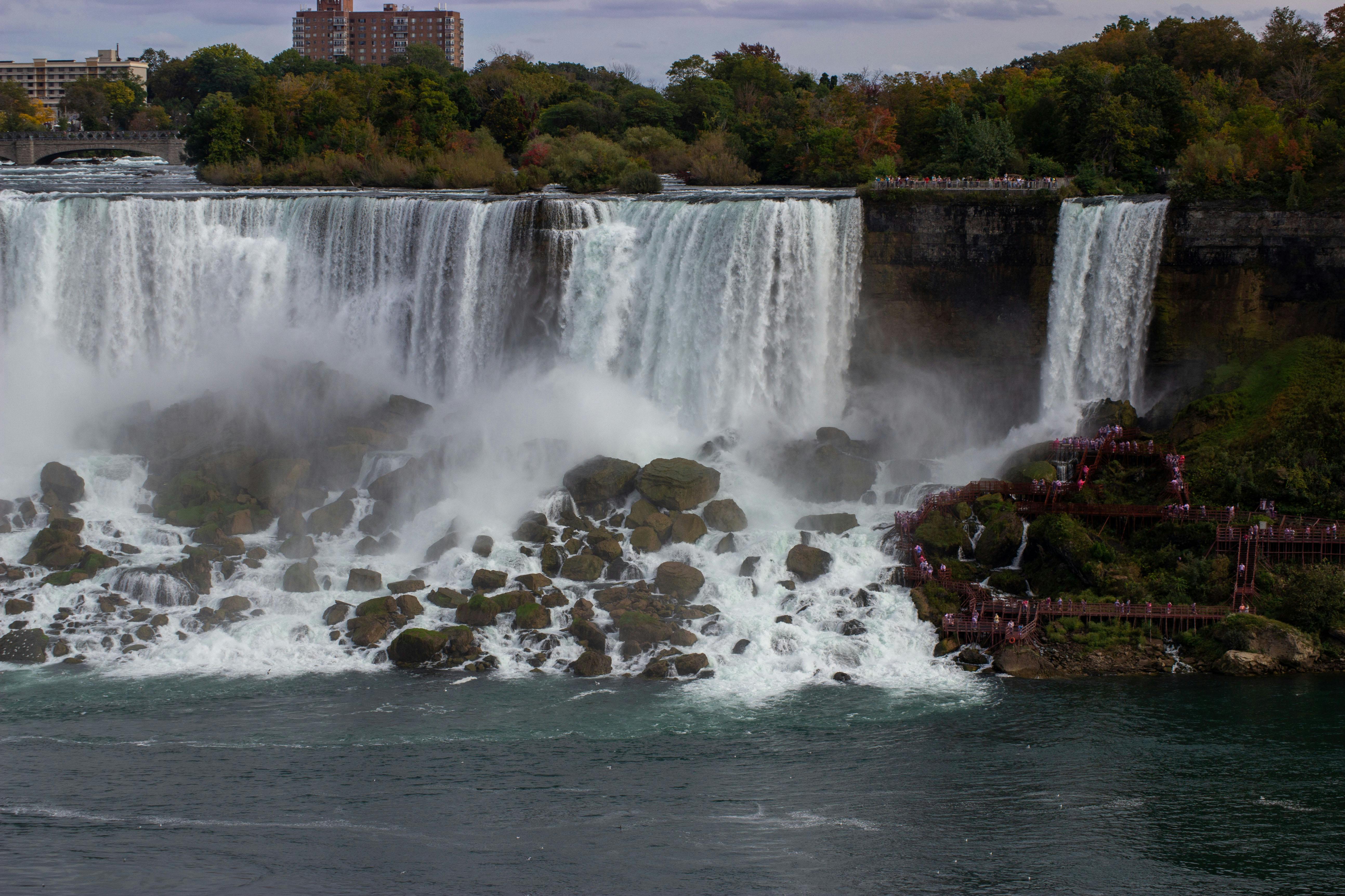 People walking on a staircase close to falls at Niagara