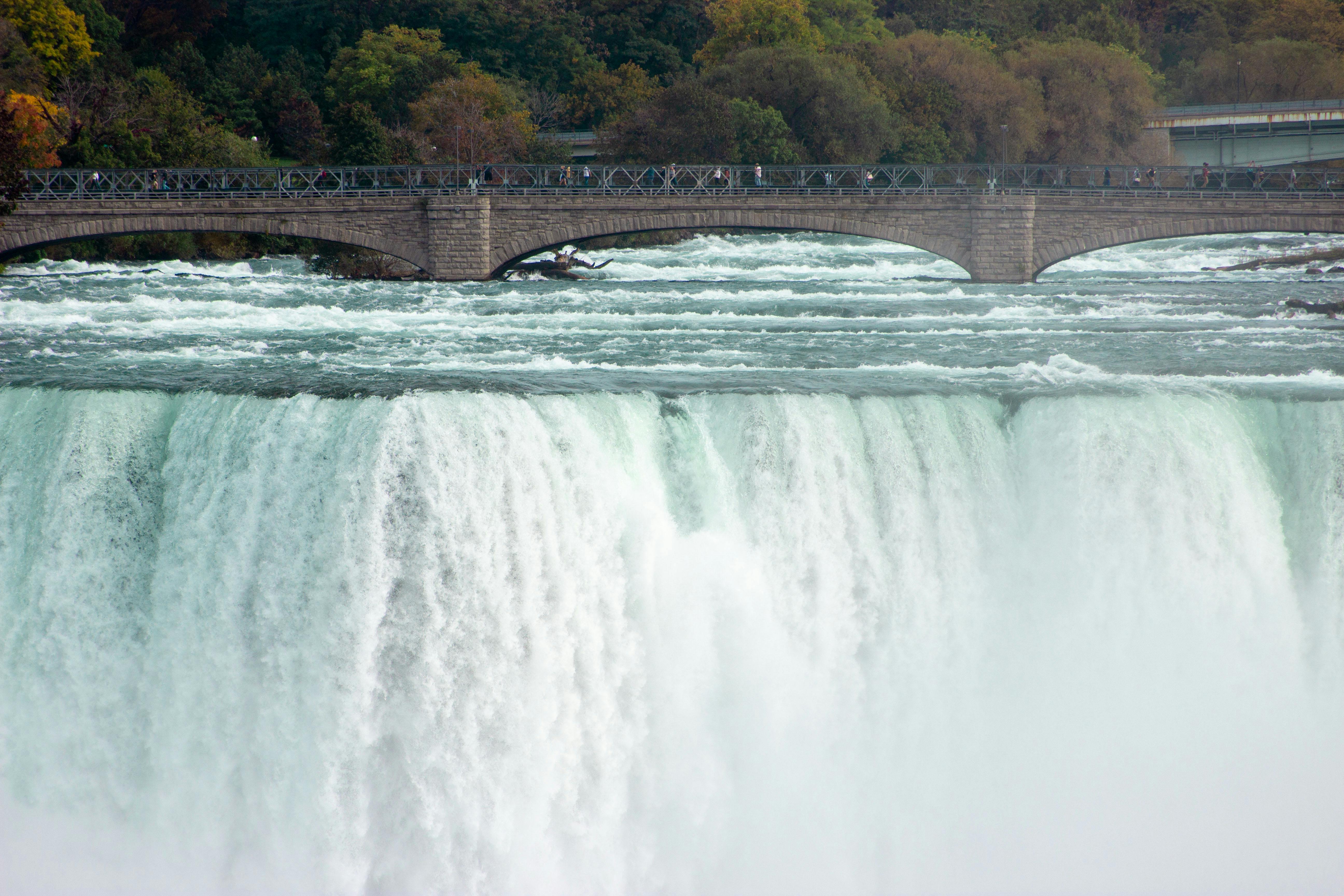 Experience the majestic Niagara Falls cascading with vibrant autumn foliage in the background. - Niagara Falls