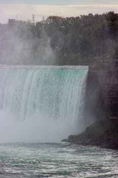 Capture of Niagara Falls with mist and lush greenery on a summer day showcasing natural beauty.