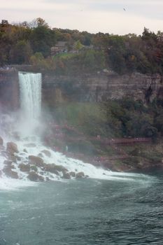 Experience the stunning view of Niagara Falls cascading amidst autumn foliage in Ontario, Canada.
