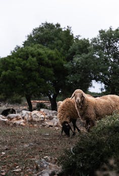 A tranquil scene of sheep grazing among rocks and trees in a rural setting.