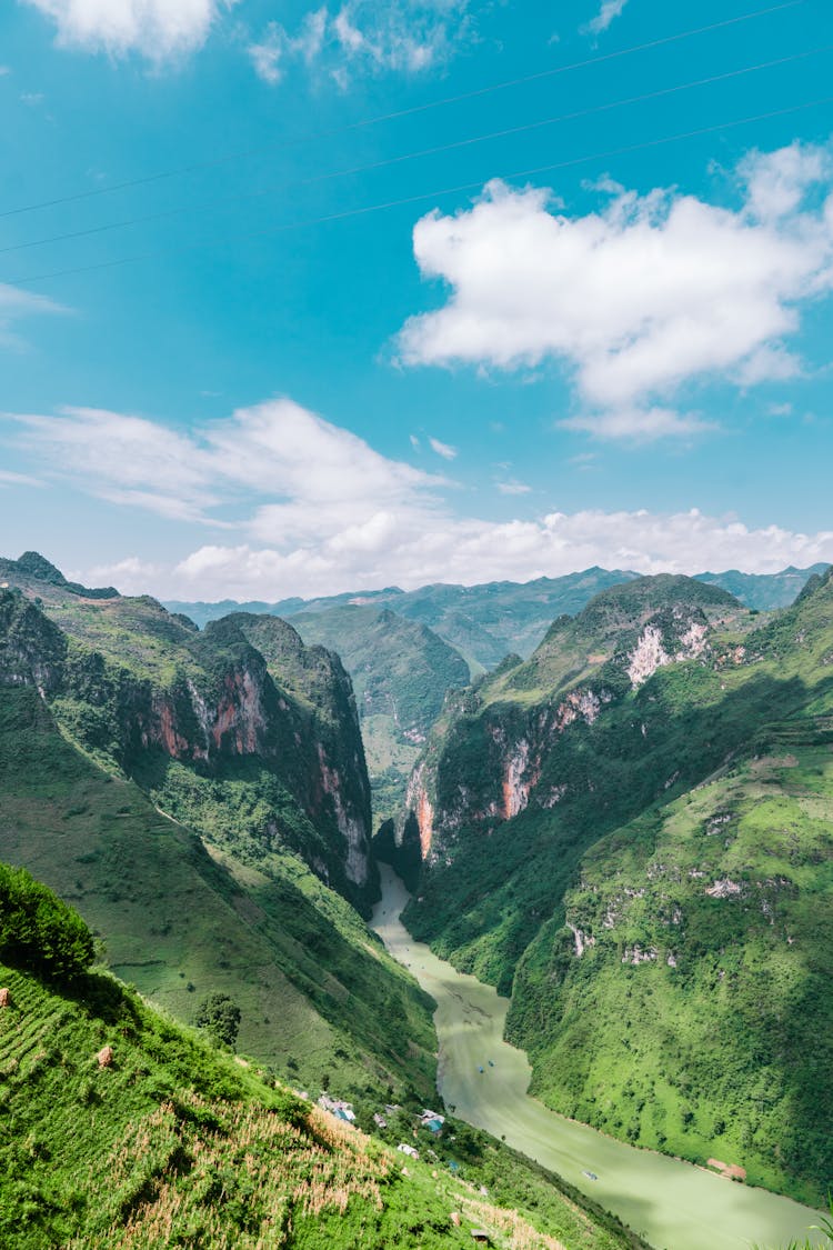 River Flowing In Green Mountains Landscape