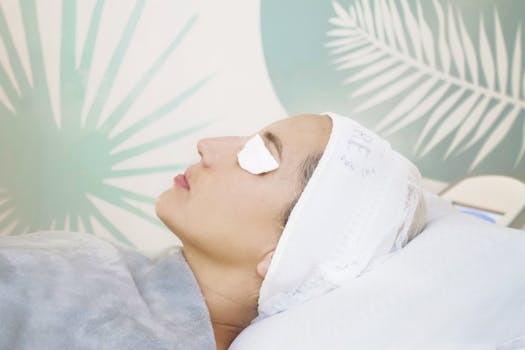 Woman relaxing at a spa with facial treatment and towel wrap in a serene environment.