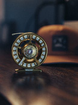 Detailed shot of a gold fly fishing reel placed on a wooden surface with a blurred cap in the background.