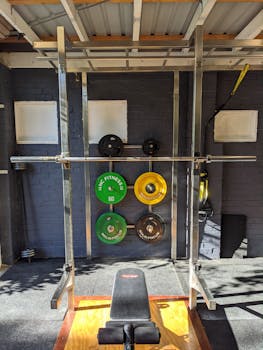 A well-equipped home gym featuring a squat rack, weights, and a bench.