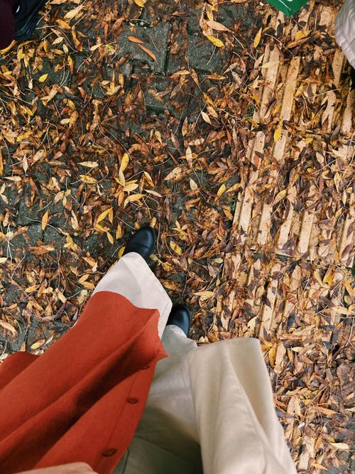 Free Person walking on a path covered with autumn leaves. Stylish outdoors fashion. Stock Photo