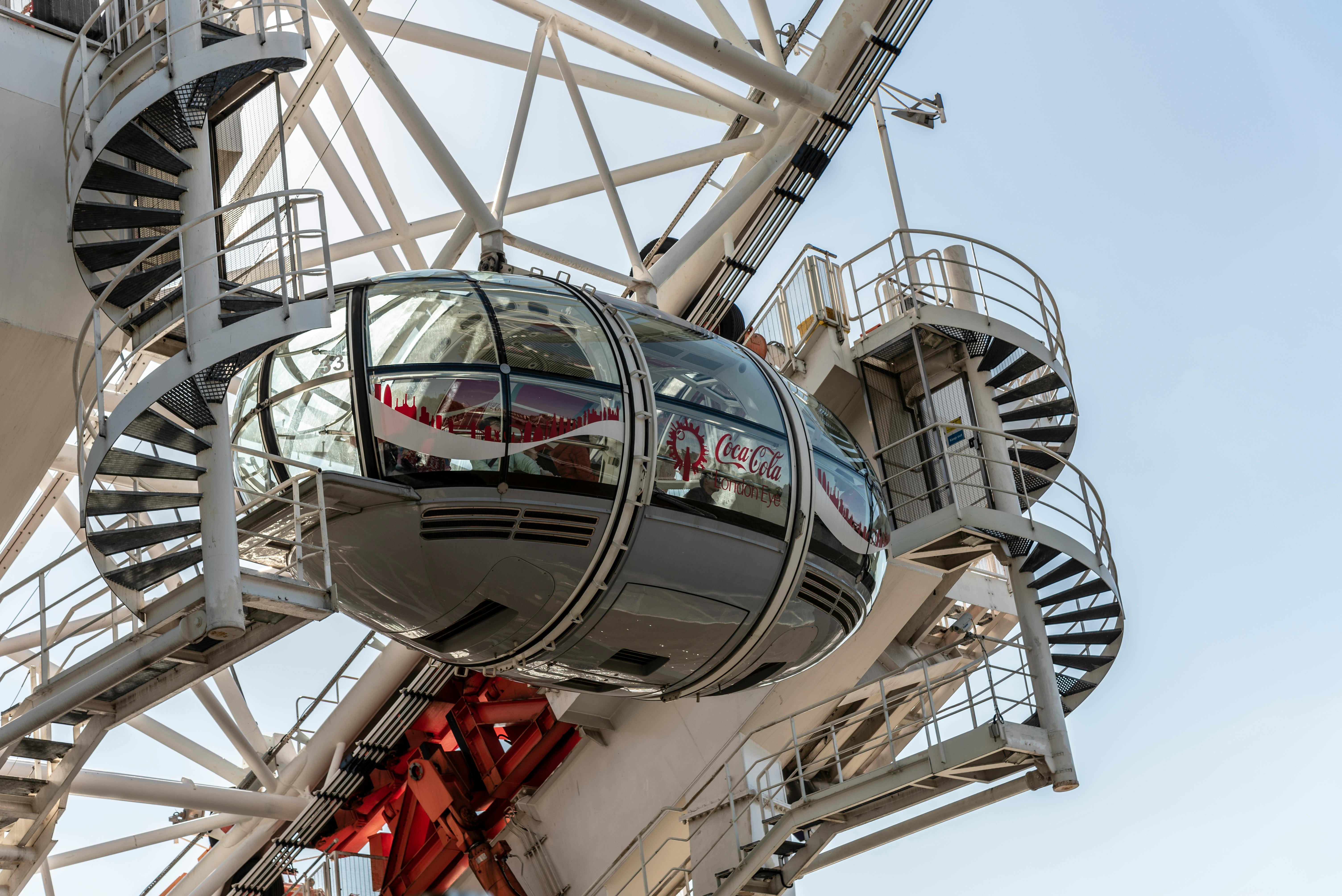 A detailed view of a London Eye capsule. Iconic attraction in clear daylight.