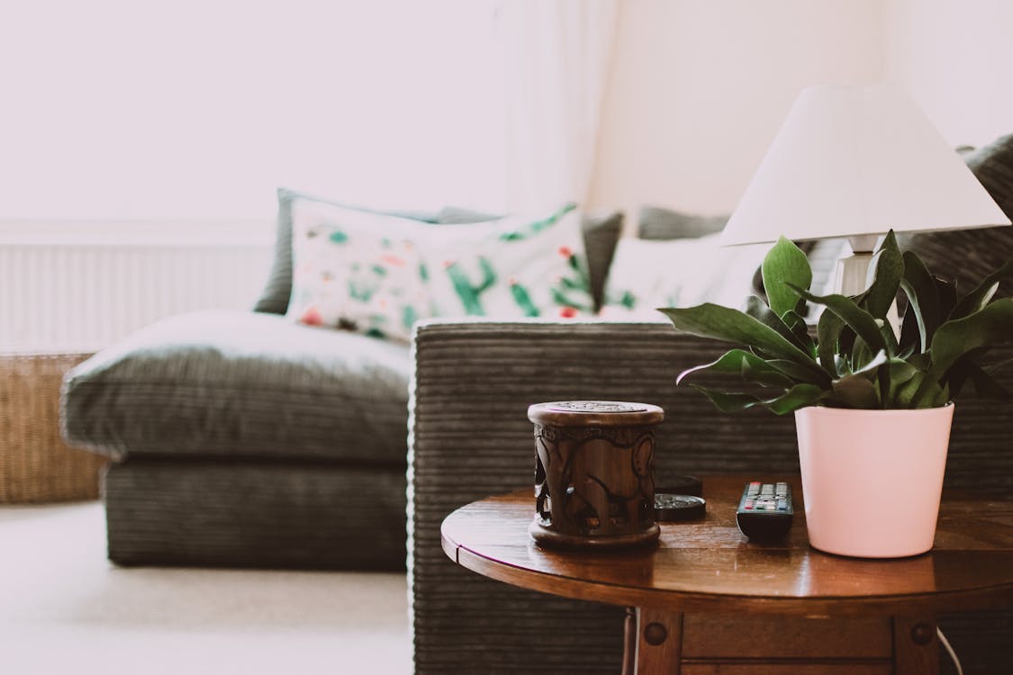 Sala com mesa redonda de madeira marrom, vaso rosa com planta verde, controle-remoto de televisão e um artigo de decoração