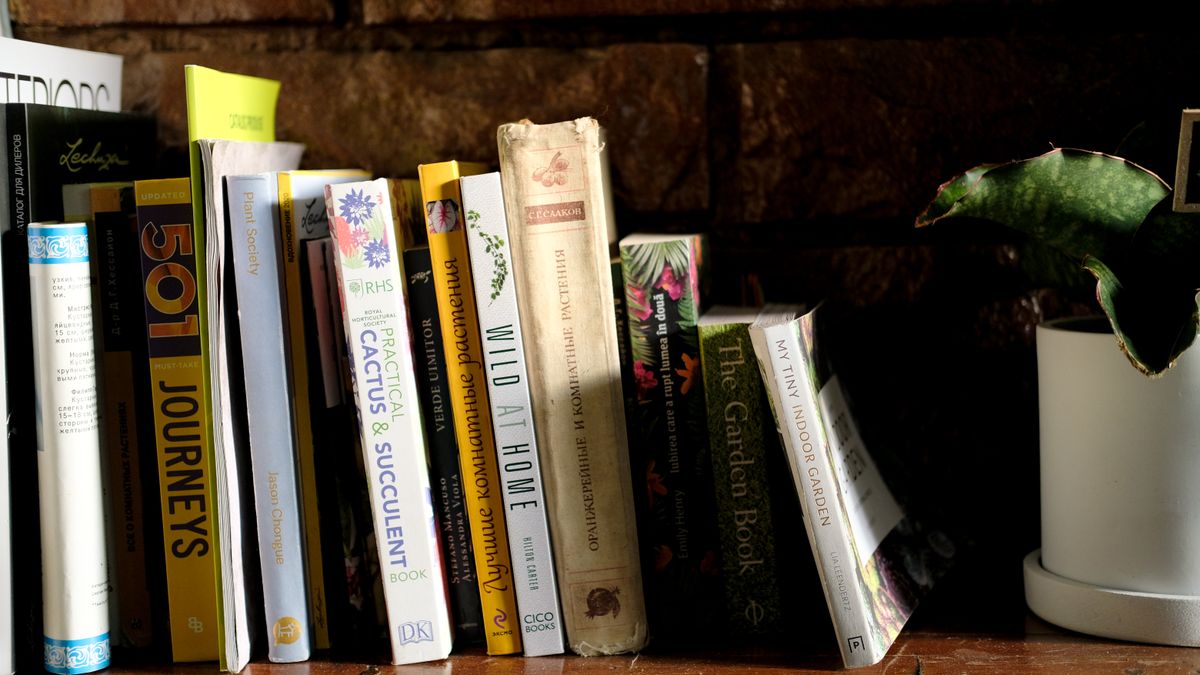 A cozy shelf of gardening and nature books beside a vibrant potted plant