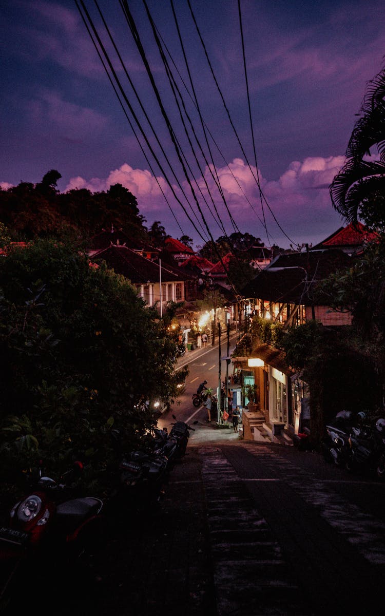 Purple Sky Over Street In Town