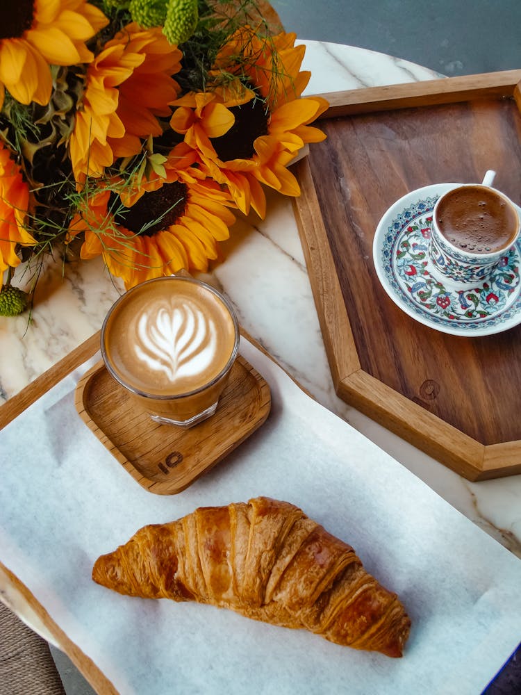 Croissant, Coffees And Sunflowers