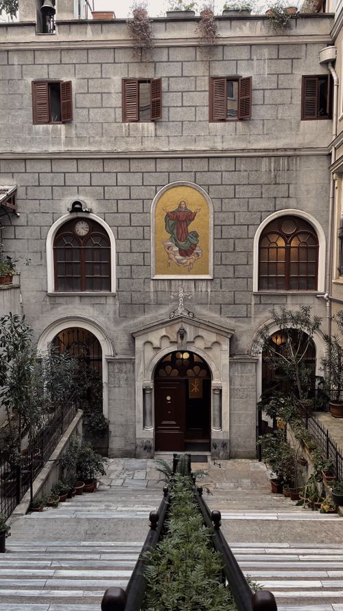 Free Exterior view of an old church with religious mural in Istanbul, Turkey. Stock Photo