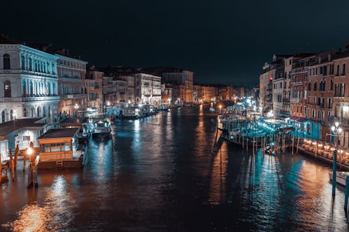 Boats Docked on Venice Grand Canal 