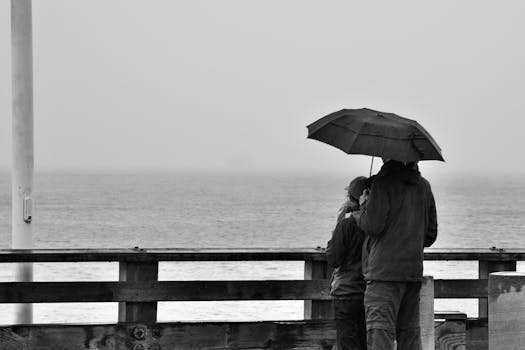 Couple standing under umbrella on a foggy San Francisco pier, gazing at the ocean.