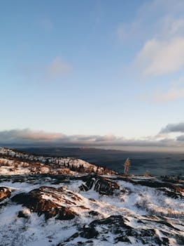 A breathtaking view of snowy hills, trees, and a distant lake under a clear sky.