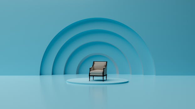 Elegant armchair in a minimalist blue abstract interior with curved design.