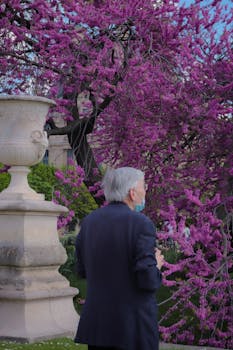 Man in a garden with vibrant cherry blossoms in Paris, France.