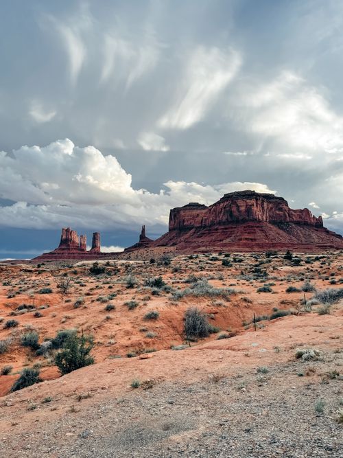 Free Breathtaking landscape of Monument Valley rock formations under a dramatic cloudy sky in the USA. Stock Photo