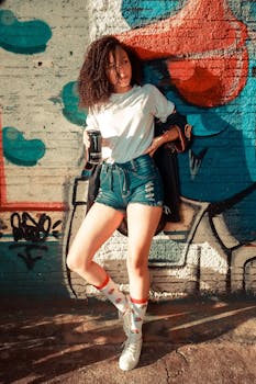 Trendy woman in denim shorts and white top posing against colorful graffiti in urban setting.