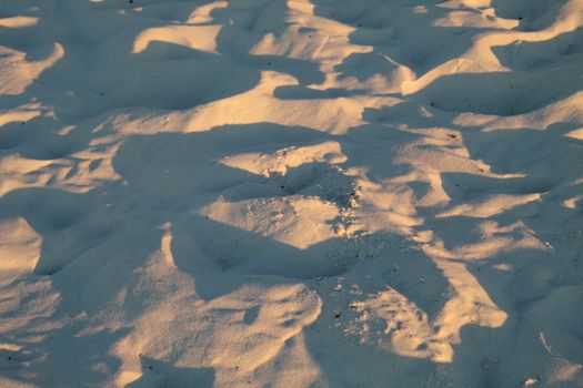 Close-up of golden sand dunes with texture and shadows in warm natural light.